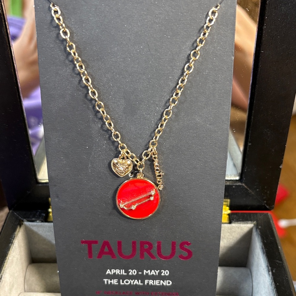 NWT Gold and Red Taurus Zodiac Necklace w/ charms  18”+ extender